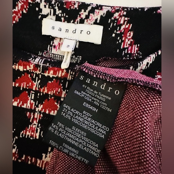 SANDRO PARIS Office Siren Blouse Sz2 US M Cowhide Leather Zip Sleeve Geometric - Picture 11 of 13